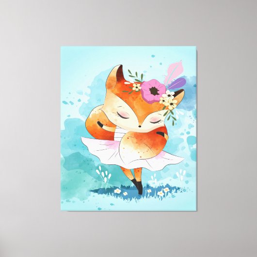 Cartoon Little Fox | Lovely Fox Floral Canvas Afdruk (Voorkant)