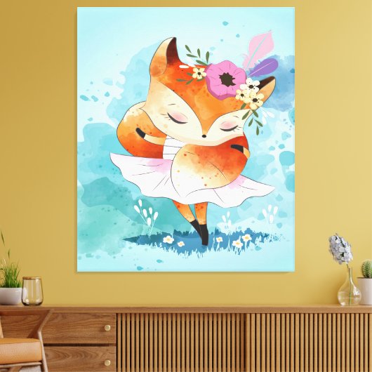 Cartoon Little Fox | Lovely Fox Floral Canvas Afdruk (Insitu (Woonkamer))