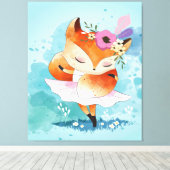 Cartoon Little Fox | Lovely Fox Floral Canvas Afdruk (Insitu (Houten vloer))