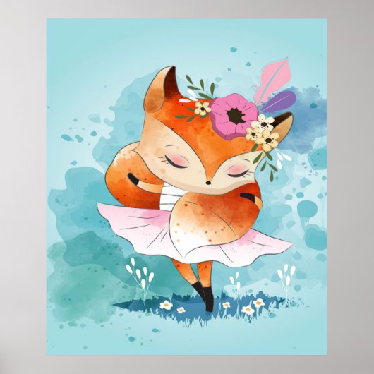 Cartoon Little Fox | Lovely Fox Floral Poster (Voorkant)