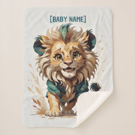 Cartoon Little Lion Beige Turquoise gepersonalisee Sherpa Deken