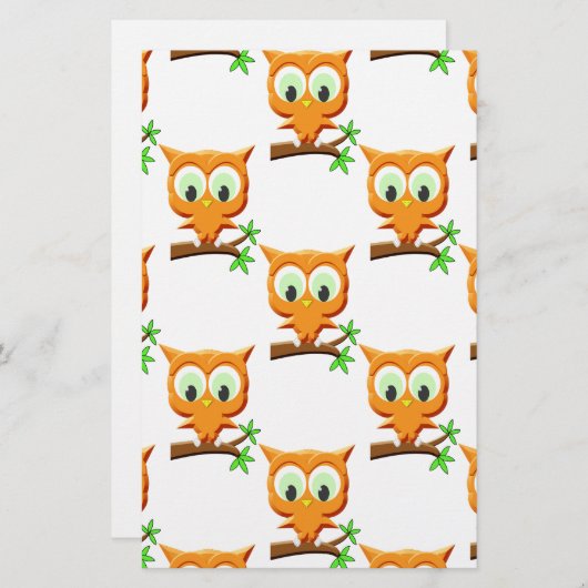 Cartoon Little Owl on Branch Pattern Briefpapier (Voorkant / Achterkant)