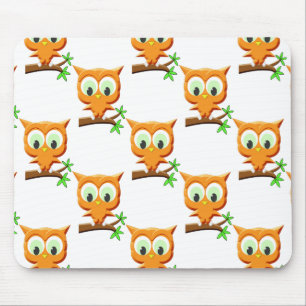 Cartoon Little Owl on Branch Pattern Muismat