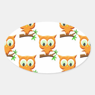 Cartoon Little Owl on Branch Pattern Ovale Sticker