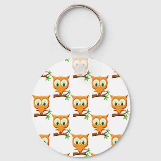 Cartoon Little Owl on Branch Pattern Sleutelhanger (Voorkant)