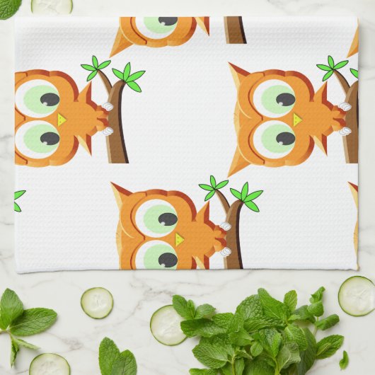 Cartoon Little Owl on Branch Pattern Theedoek (Gevouwen)