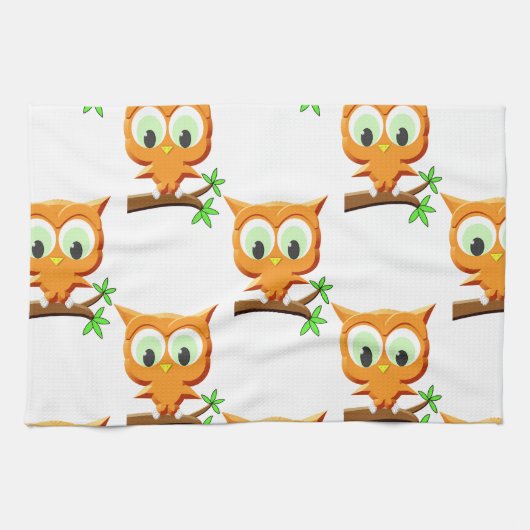 Cartoon Little Owl on Branch Pattern Theedoek (Horizontaal)