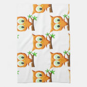 Cartoon Little Owl on Branch Pattern Theedoek (Verticaal)