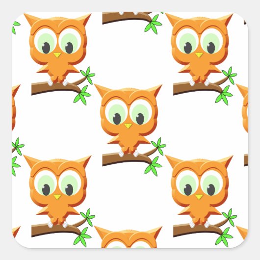 Cartoon Little Owl on Branch Pattern Vierkante Sticker (Voorkant)