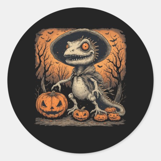 Cartoon Lizard and His Pumpkin Pals–Cute Fall Ronde Sticker (Voorkant)