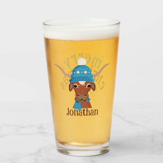 Cartoon Longhorn in Bright Blue Ski Pet en Sjaal Glas (Voorkant gevuld)