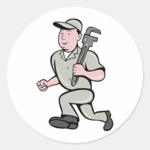 Cartoon Loodgieter met apenmoersleutel lopen Ronde Sticker