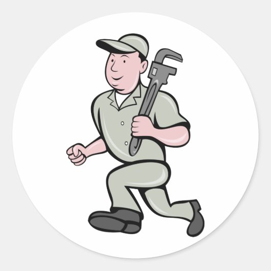 Cartoon Loodgieter met apenmoersleutel lopen Ronde Sticker (Voorkant)