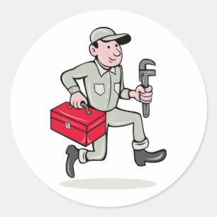 Cartoon Loodgieter met apenmoersleutel lopen Ronde Sticker
