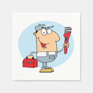 Cartoon Loodgieter met Pijptang en Gereedschapskis Servet