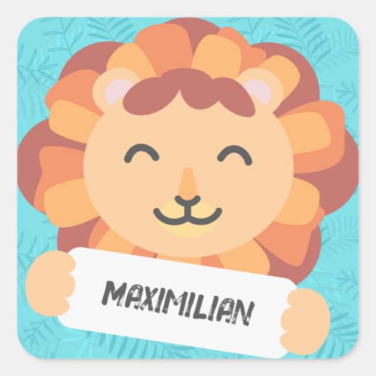 Cartoon Löwe mit Namensschild - blau Vierkante Sticker (Voorkant)