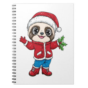 Cartoon luiaard met kerst notitieboek