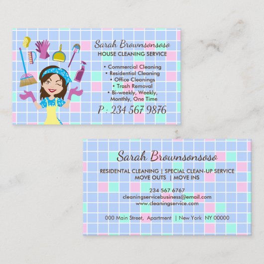 Cartoon Maid House Cleaning Service Tegels Home Visitekaartje (Voorkant / Achterkant)
