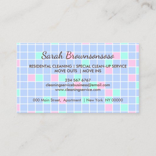 Cartoon Maid House Cleaning Service Tegels Home Visitekaartje (Achterkant)