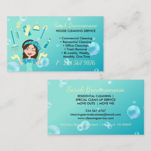 Cartoon Maid House Cleaning Service Visitekaartje (Voorkant / Achterkant)