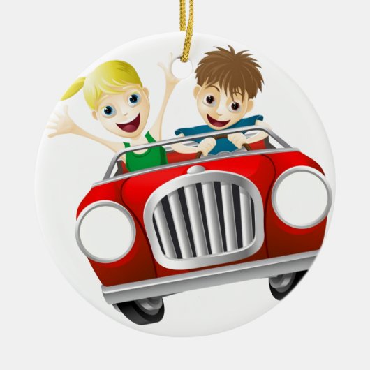 Cartoon man en vrouw in de auto keramisch ornament (Voorkant)