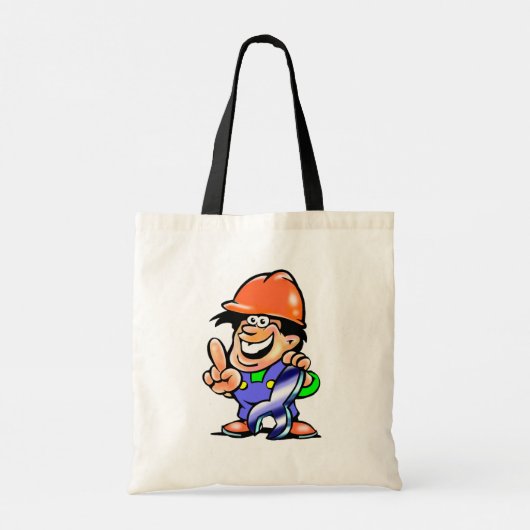 Cartoon Man in een Canvas tas met harde Petten (Achterkant)