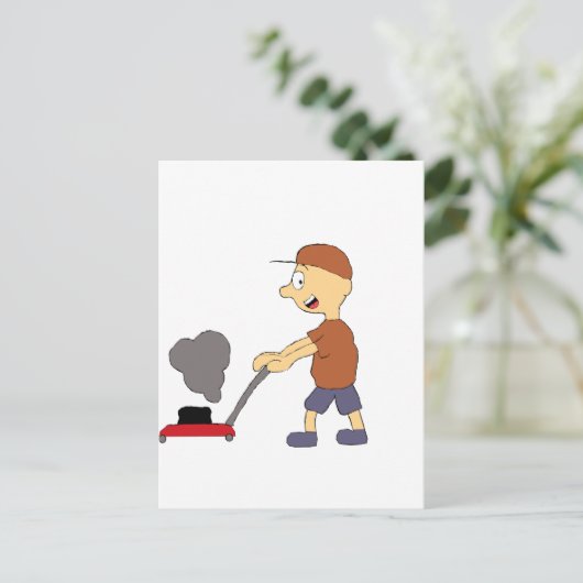 Cartoon Man met grasmaaier Briefkaart (Staand voorkant)