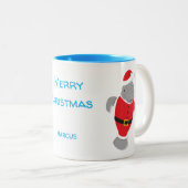 Cartoon Manatee Santa Merry Blue Name Tweekleurige Koffiemok (Voorkant rechts)