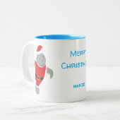 Cartoon Manatee Santa Merry Blue Name Tweekleurige Koffiemok (Voorkant links)