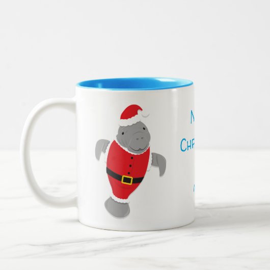 Cartoon Manatee Santa Merry Blue Name Tweekleurige Koffiemok (Links)