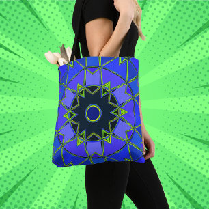 Cartoon Mandala Blauw Groen en Zwart Tote Bag