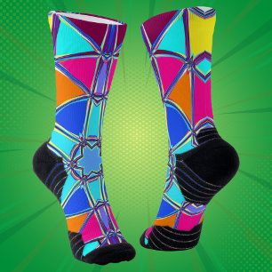 Cartoon Mandala Blauw Roze Geel en Sinaasappel Sokken