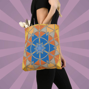 Cartoon Mandala blauw Sinaasappel en geel Tote Bag