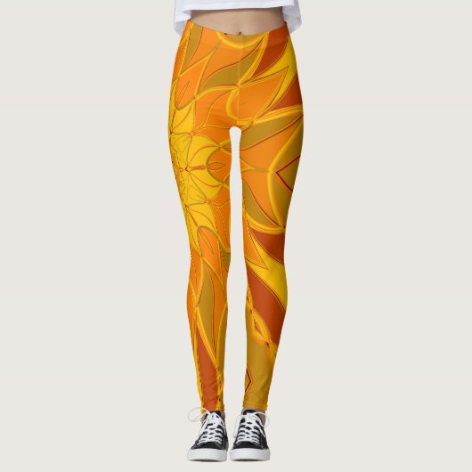 Cartoon Mandala Bloem Oranje Geel en Rood Leggings (Voorkant)