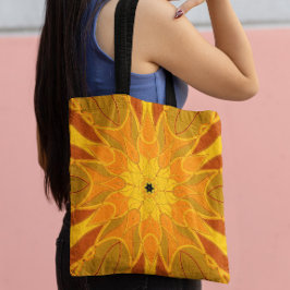 Cartoon Mandala Bloem Oranje Geel en Rood Tote Bag