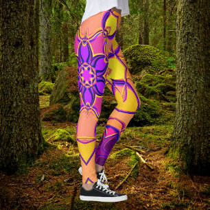 Cartoon Mandala Bloem Roze Paars en Oranje Leggings