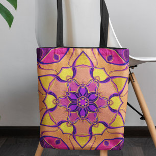 Cartoon Mandala Bloem Roze Paars en Oranje Tote Bag