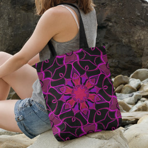 Cartoon Mandala Bloemroze en zwart Tote Bag
