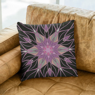 Cartoon Mandala Flower Black Paars en roze Kussen