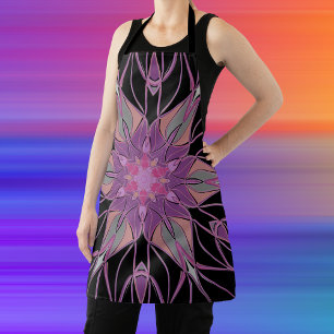 Cartoon Mandala Flower Black Paars en roze Schort