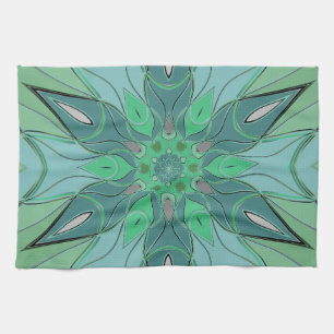Cartoon Mandala Flower Blue en Green Theedoek