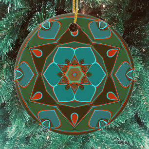 Cartoon Mandala Flower Blue en Oranje Keramisch Ornament