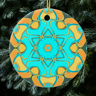 Cartoon Mandala Flower Blue en Oranje Keramisch Ornament
