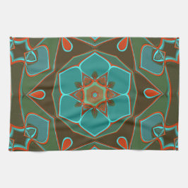 Cartoon Mandala Flower Blue en Oranje Theedoek