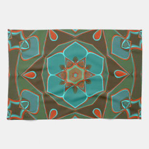 Cartoon Mandala Flower Blue en Oranje Theedoek