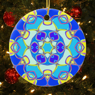 Cartoon Mandala Flower Blue Yellow and Pink Keramisch Ornament