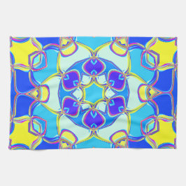 Cartoon Mandala Flower Blue Yellow and Pink Theedoek