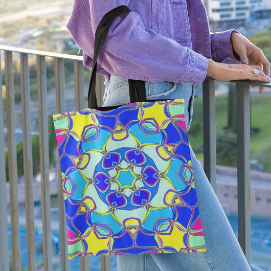 Cartoon Mandala Flower Blue Yellow and Pink Tote Bag