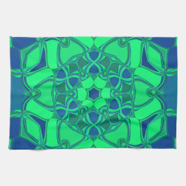 Cartoon Mandala Flower Green en Blue Theedoek