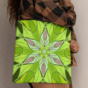 Cartoon Mandala Flower Green en roze Tote Bag